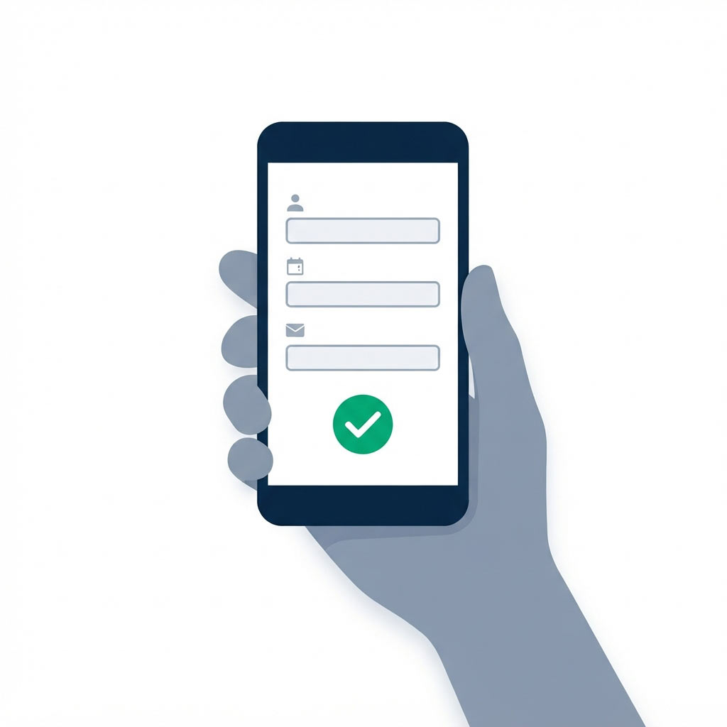 Illustration of a hand holding a phone showing a three-field form with a green checkmark